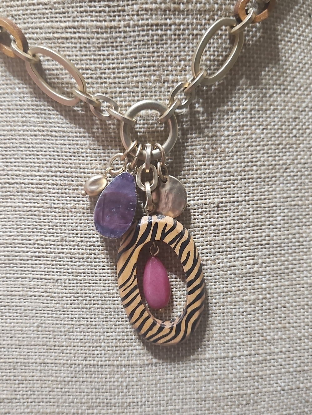 Chico's Gold-Tone Zebra Pendant Necklace with Purple and Pink Charms